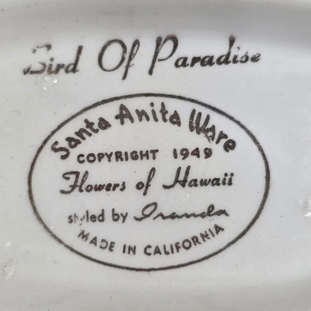 Santa Anita Ware Bird of Paradise Salt & Pepper Shakers-Creamer-Soup Bowl 1949